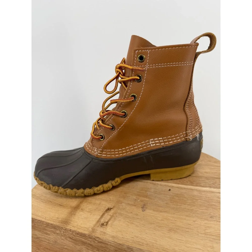 LL Bean Womens 8 Bean Boots Tan Brown Leather Rubber Duck Boots Made in USA